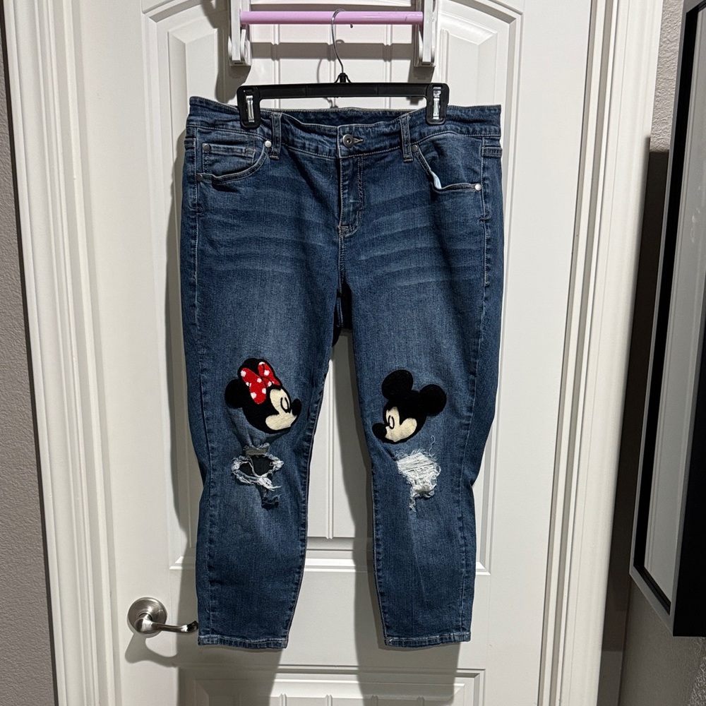 Disney Women's Dark Blue Cropped Jeans with Mickey and Minnie